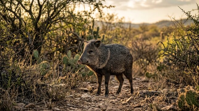 Wild peccary standing in a dry scrubland environment with cacti