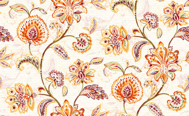 Seamless ethnic Chintz pattern featuring intricate orange and maroon floral motifs on swirling vines over an off-white textured background with subtle paisley shadows. © KARMA_BELIEVER