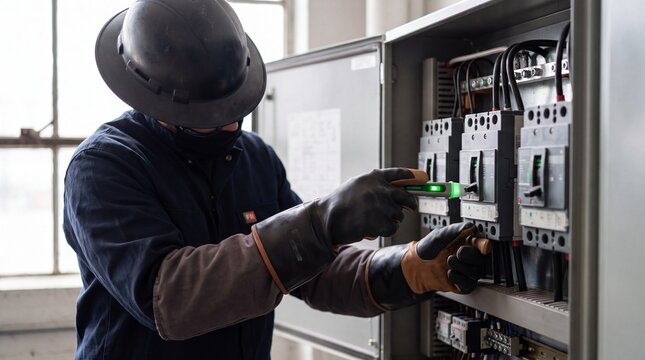 Electrician testing an electrical circuit breaker panel with a voltage detector in a commercial building with electrician wearing protective handheld voltage tester protective gear tests