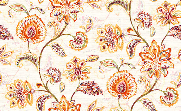 Seamless ethnic Chintz pattern featuring intricate orange and maroon floral motifs on swirling vines over an off-white textured background with subtle paisley shadows.
