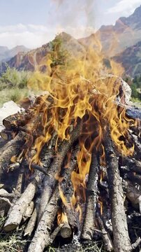 Vertical video tracking forward toward a crackling campfire in the wilderness with epic snow-capped mountains and forest scenery in the background at sunset