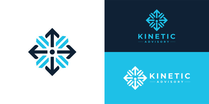 A modern, symmetrical logo combining four dark blue, outward-facing arrows and light blue geometric patterns to visualise B2B revenue growth and strategic consulting direction.