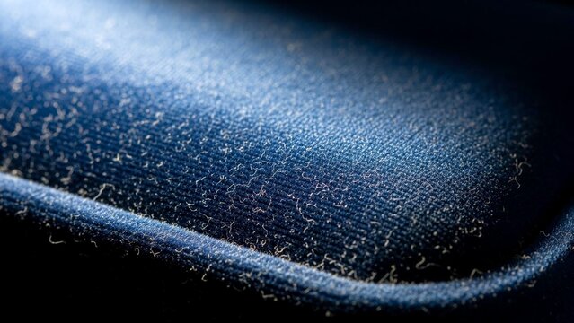 Close up of dust and lint on a blue fabric surface