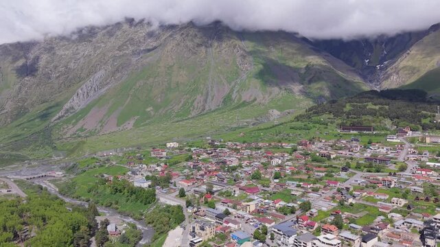 Aerial view of the town of Oni in the Caucasus mountains, Georgia.