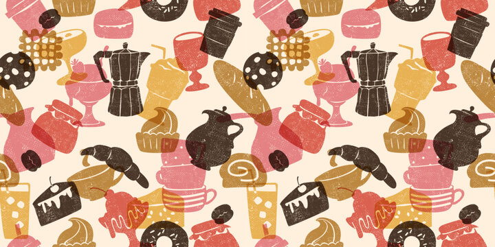 Hand drawn Craft style coffee aesthetic seamless pattern. Food, bar, cafe menu design elements. Black coffee drink, desserts, tea silhouettes. Endless repeat wallpaper, background.