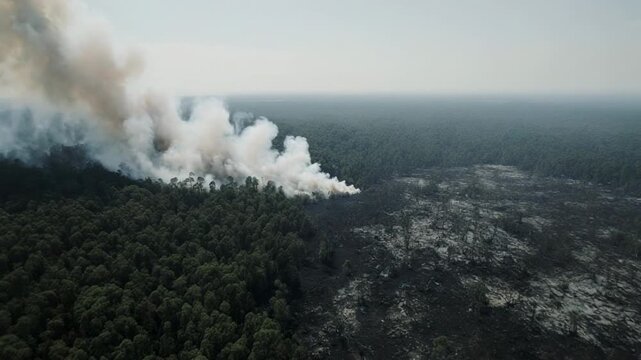 Wildfire smoke plumes rising over a dense forest canopy during daylight aerial view