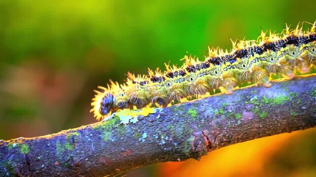 Hairy yellow caterpillar crawling slowly along small lichen covered