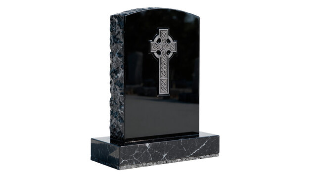 Polished black granite headstone with carved Celtic cross, isolated on transparent background