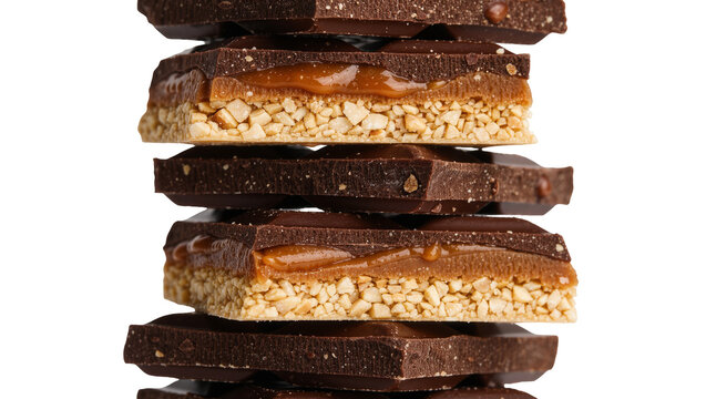 Stack of dark chocolate bars with caramel and nuts, isolated on transparent background
