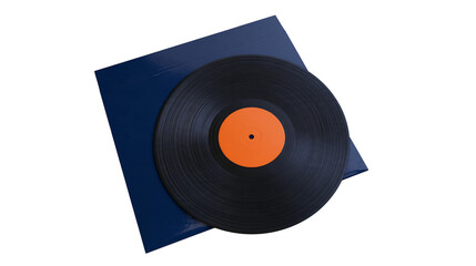 Fototapeta premium Isolated classic black vinyl record with vivid orange label partially sliding from a navy blue sleeve.