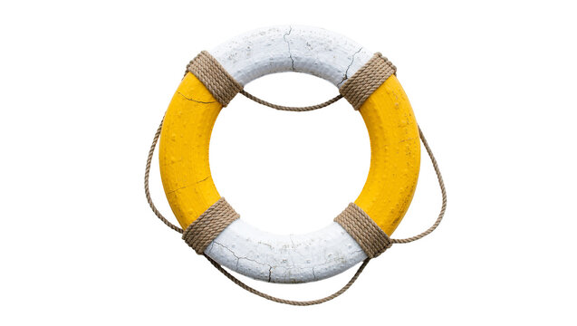 Yellow and white life preserver ring with rope, isolated on transparent background