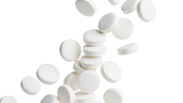 Scattered white round pills falling, isolated on transparent background
