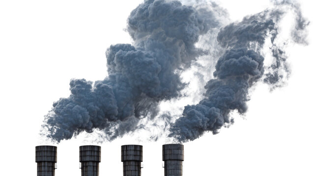 Industrial chimneys emitting dark smoke plumes, isolated on transparent background