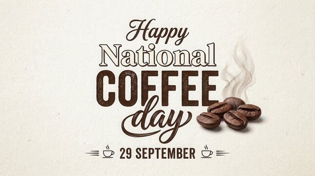 Happy national coffee day typography design with coffee beans and steam on textured paper background