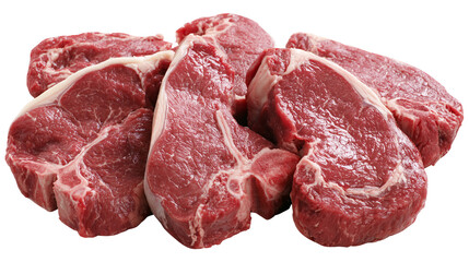 Obraz premium Isolated raw beef steaks and chops arranged for grilling, fresh red meat cuts ready to cook.