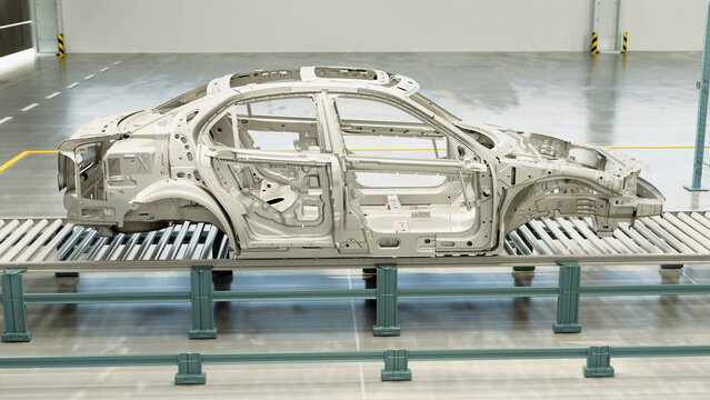 Car body shell on conveyor rollers