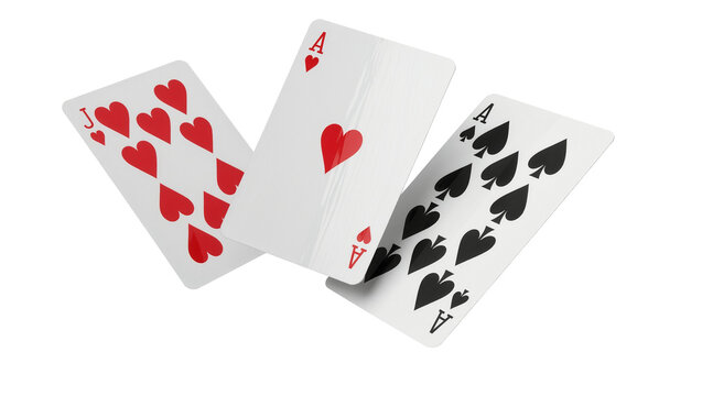 Three playing cards Jack of Hearts Ace of Hearts and Ace of Spades, isolated on transparent background