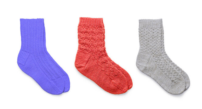 Set of Three Knitted Colorful Wool Socks PNG Cutout