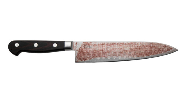 Rusty chef s knife with dark wooden handle, isolated on transparent background