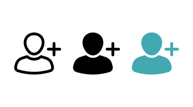 Three styles of add user profile icons featuring person silhouettes and plus signs