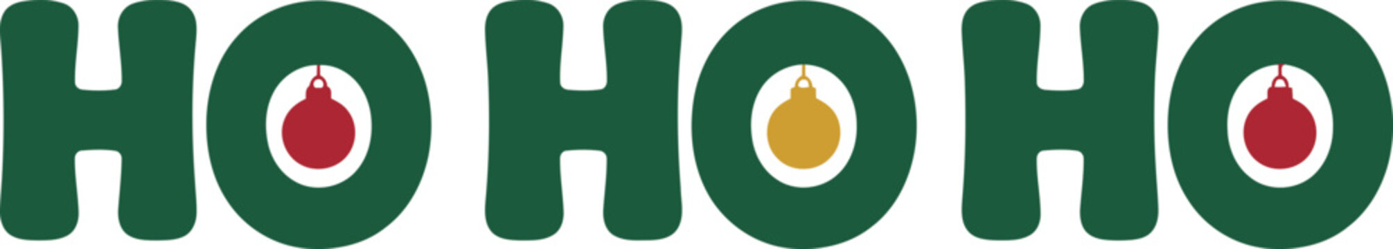 Ho Ho Ho Christmas typography vector, festive green holiday lettering with red and gold baubles, seasonal Santa Claus catchphrase for greeting cards