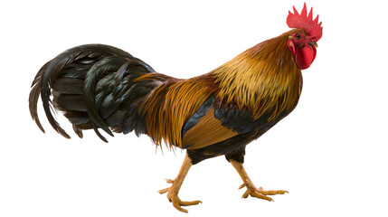 Isolated colorful domestic rooster showing off bright plumage and proud posture. © Cian