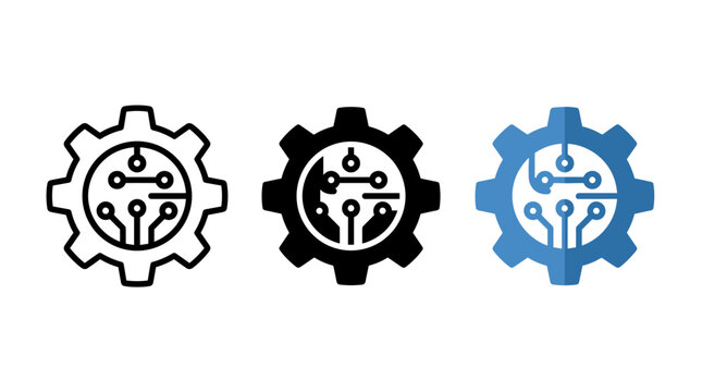 Technical gear circuit board icon set showing connectivity and hardware integration