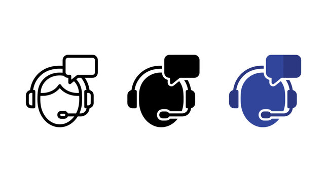 Customer support representative icon set featuring headset and speech bubble