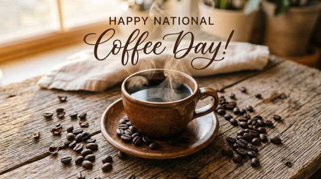 Happy national coffee day text with a steaming cup of coffee and coffee beans on a wooden table