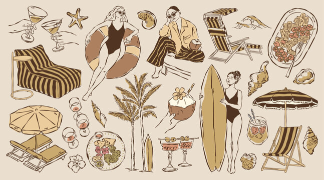 Hand drawn retro summer vacation illustration set. Vintage coastal holiday artwork in a warm, minimal line art style, perfect for summer branding, travel designs, posters, packaging.