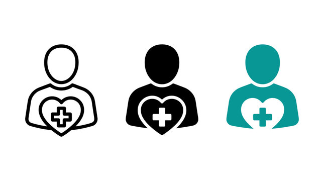 User person icon with a medical cross on a heart in line, black and teal styles