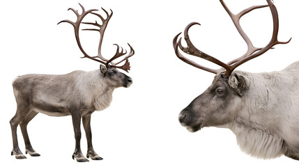 Isolated two reindeer with majestic antlers, one full body and one close-up headshot © Cian