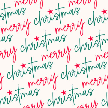 Hand drawn red and green lettering with star seamless pattern design for Christmas background.