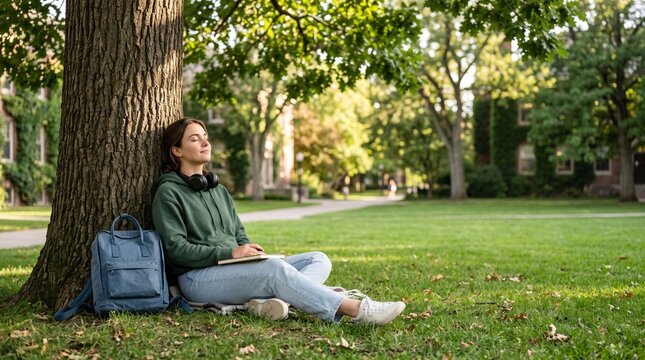 Young female student relaxing against tree in campus park