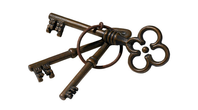 Isolated vintage decorative metal keys on a worn iron keyring, symbol of history and security.