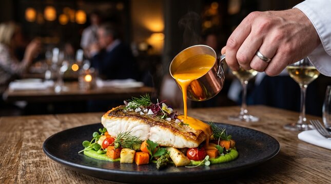 Chef drizzling sauce over a beautifully plated fish dish in a fine dining restaurant