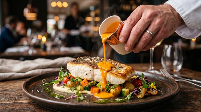 Chef drizzling sauce over a beautifully plated fish dish in a fine dining restaurant