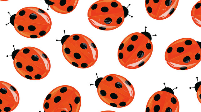 Isolated vibrant red ladybugs with black spots and antennae, cute spring summer insect pattern.