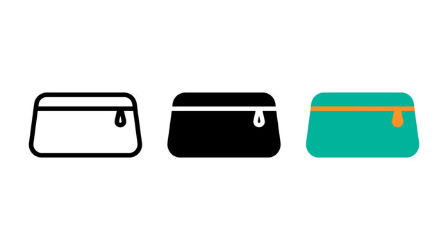 Small cosmetic bag or toiletry pouch icon set in line, solid and teal designs