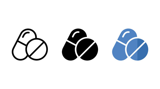 Pill and capsule medical icon set in outline solid blue variations with medicine