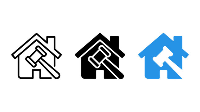 House and gavel icon set for legal real estate and property auction with property