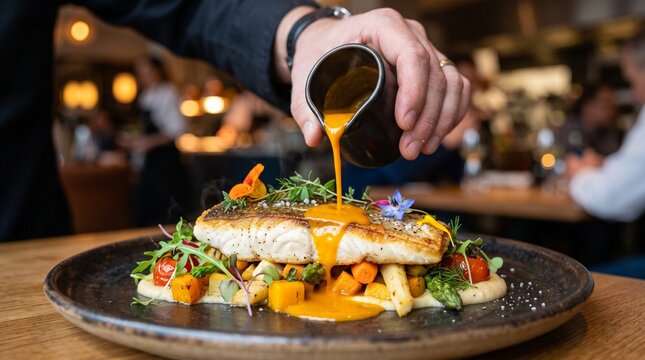 Chef drizzling sauce over a beautifully plated fish dish in a fine dining restaurant