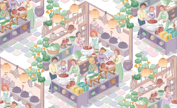 Kimjang Korean Kimchi Making Culture with Diverse People. Seamless Pattern Vector Illustration