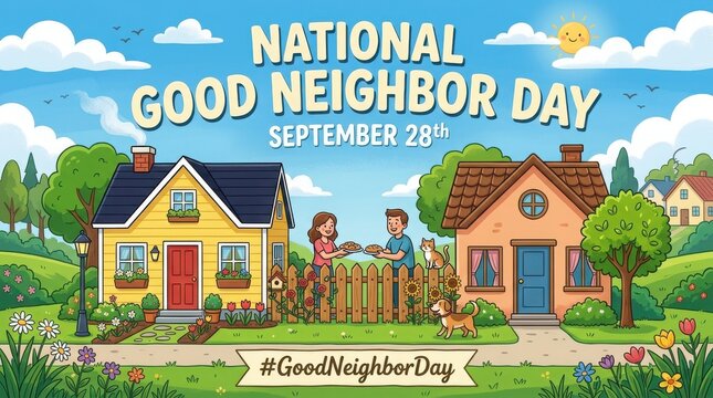 National good neighbor day illustration with neighbors sharing food over a fence