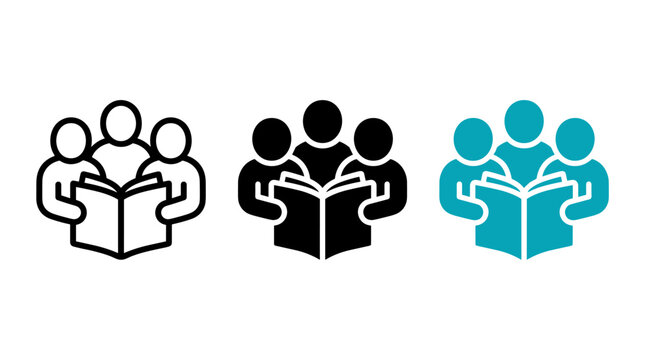 Group of people reading a book together in three style variations with students