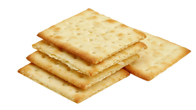 Isolated golden brown crispy square crackers stack and a single snack cracker food item