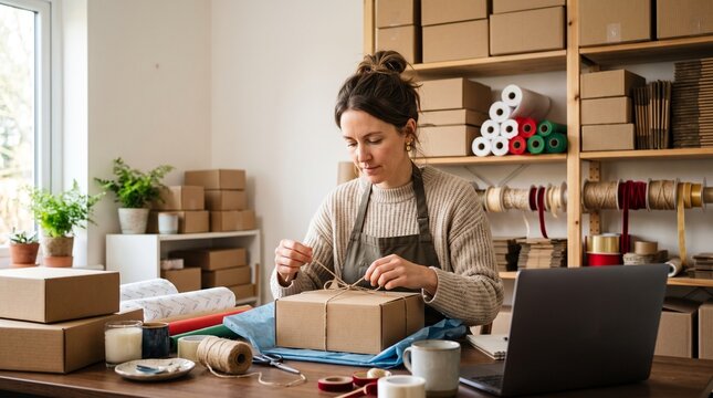 Female artisan tying twine on parcel in small workshop