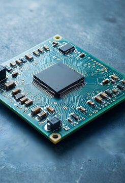 Artificial intelligence and semiconductor technology, microchip processor on green circuit board for computing hardware and digital innovation development