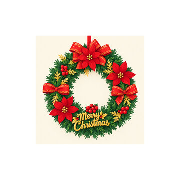 A round Christmas ornament featuring an image of flowerz abd a red ribbon, along with the inscriptio. "Merry Christmas"