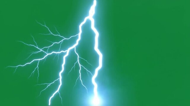 Bright White Lightning Thunderbolt with Multiple Branching Flashes on Green Screen Background